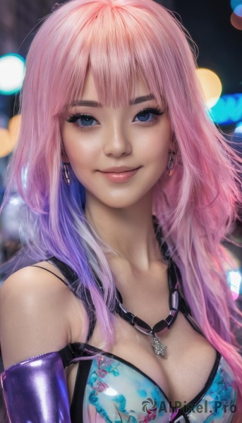 1girl,solo,long hair,breasts,looking at viewer,smile,bangs,blue eyes,large breasts,gloves,cleavage,bare shoulders,jewelry,medium breasts,closed mouth,swimsuit,upper body,pink hair,bikini,multicolored hair,earrings,elbow gloves,necklace,blurry,two-tone hair,lips,eyelashes,makeup,blurry background,cross,freckles,realistic,nose,purple hair,shiny,gradient hair,leather