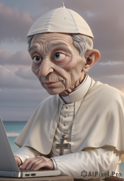 1girl,solo,smile,blue eyes,long sleeves,1boy,hat,jewelry,closed mouth,upper body,white hair,grey hair,male focus,outdoors,sky,cloud,necklace,capelet,ocean,white headwear,cloudy sky,cross,realistic,computer,cross necklace,old,old man,laptop,old woman,wrinkled skin,lips,nose,priest