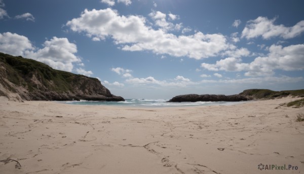 outdoors,sky,day,cloud,signature,water,blue sky,no humans,ocean,beach,cloudy sky,grass,scenery,rock,mountain,sand,horizon,landscape,shore,nature