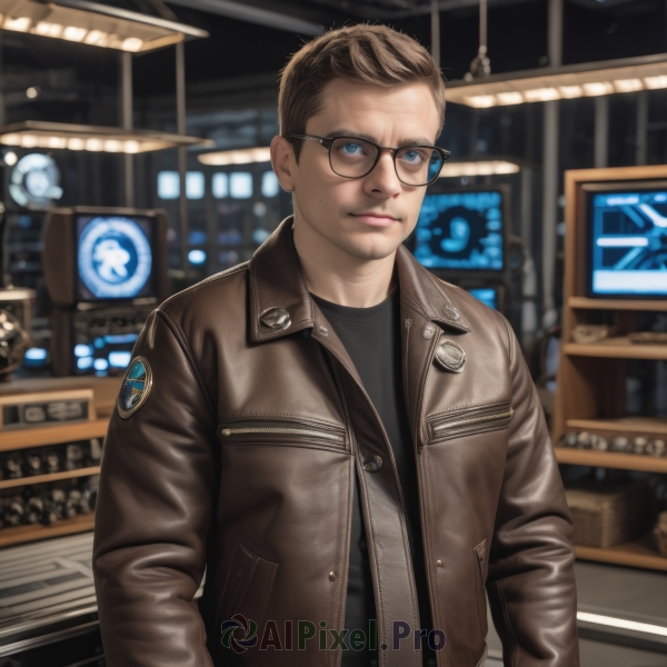 solo,looking at viewer,short hair,blue eyes,brown hair,shirt,1boy,closed mouth,jacket,upper body,male focus,open clothes,glasses,indoors,blurry,open jacket,black shirt,blurry background,facial hair,black-framed eyewear,brown jacket,realistic,stubble,leather,leather jacket,shop,belt,lips,denim,animification,badge,bomber jacket