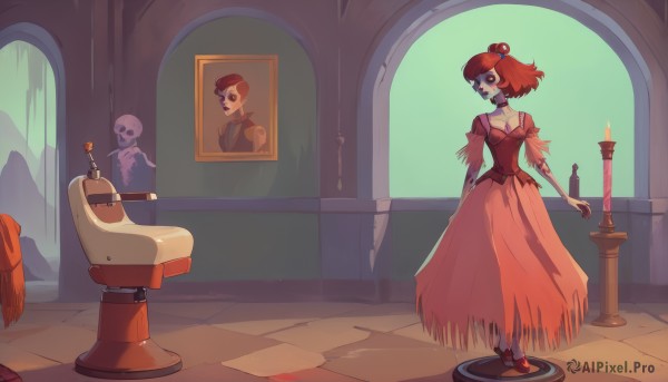 1girl,solo,breasts,short hair,brown hair,hair ornament,hat,dress,cleavage,medium breasts,standing,red hair,indoors,high heels,torn clothes,red dress,crown,red footwear,pink dress,skull,candle,skeleton,zombie,painting (object),choker,lipstick,personification,chess piece,skull hair ornament