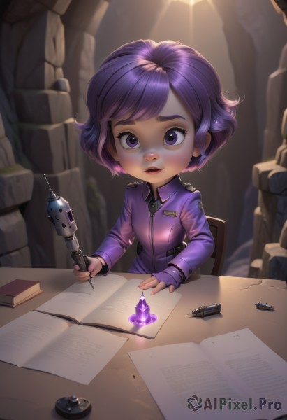 1girl,solo,looking at viewer,short hair,open mouth,bangs,long sleeves,holding,sitting,purple eyes,jacket,upper body,purple hair,parted lips,teeth,indoors,lips,book,chair,table,gem,child,desk,crystal,paper,pen,purple jacket,cave,inkwell,fingerless gloves,glowing,light rays,open book,light