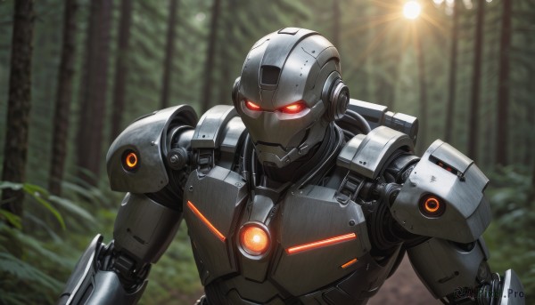 solo,red eyes,1boy,upper body,male focus,blurry,tree,no humans,blurry background,glowing,robot,nature,mecha,glowing eyes,forest,science fiction,power armor,lights,humanoid robot,looking at viewer,outdoors,armor,sunlight,android