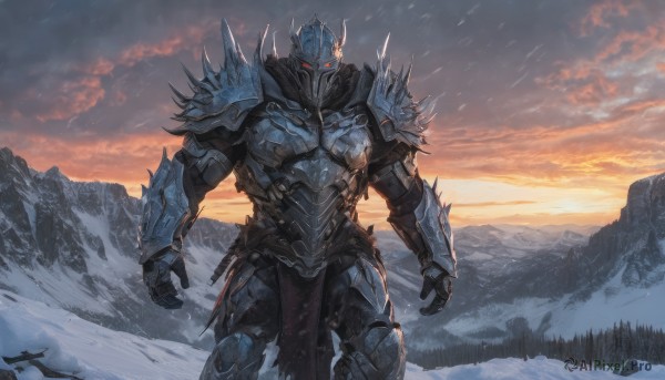 solo,looking at viewer,red eyes,1boy,standing,male focus,outdoors,horns,sky,cloud,armor,glowing,helmet,cloudy sky,shoulder armor,gauntlets,glowing eyes,pelvic curtain,snow,spikes,pauldrons,sunset,breastplate,snowing,mountain,full armor,mountainous horizon,shoulder spikes,helm,horned helmet,tree,scenery,vambraces,greaves