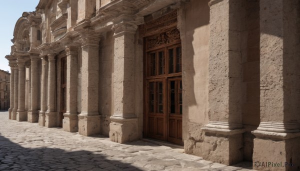 outdoors,sky,day,no humans,window,shadow,sunlight,building,scenery,stairs,door,architecture,ruins,pillar,arch,column,blue sky,shade,statue,stone floor