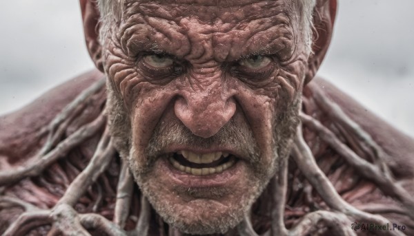 solo,looking at viewer,smile,open mouth,1boy,male focus,teeth,grin,blurry,blurry background,facial hair,portrait,beard,close-up,realistic,mustache,bald,old,old man,wrinkled skin,simple background,green eyes,grey background,veins,monster,horror (theme)