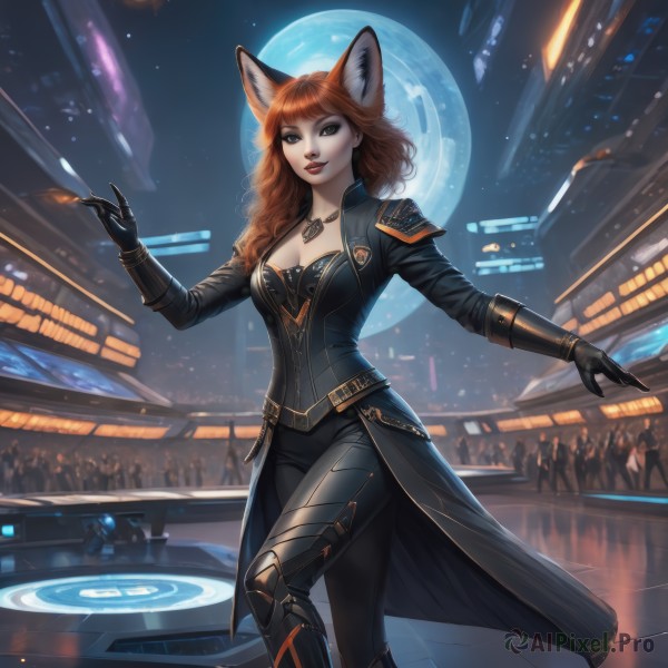 1girl,solo,long hair,breasts,looking at viewer,smile,bangs,brown hair,gloves,long sleeves,animal ears,cleavage,brown eyes,jewelry,medium breasts,standing,jacket,tail,outdoors,parted lips,sky,solo focus,black gloves,pants,artist name,hand up,necklace,armor,lips,black jacket,fox ears,bodysuit,makeup,night,feet out of frame,fox tail,watermark,black pants,moon,lipstick,building,night sky,full moon,walking,city,red lips,crowd,people,red hair,boots,dated,grey eyes,curly hair