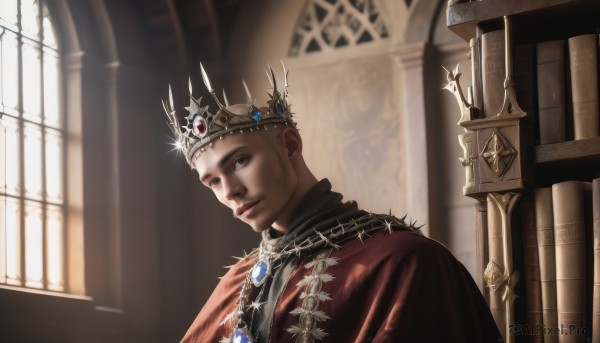 solo,looking at viewer,short hair,blonde hair,1boy,brown eyes,jewelry,closed mouth,upper body,male focus,indoors,necklace,cape,blurry,window,sunlight,crown,gem,realistic,church,book,facial hair,portrait,backlighting,robe,red cape,blue gemstone,priest