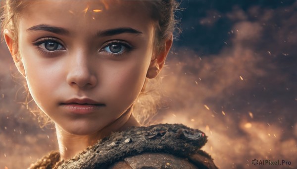 1girl,solo,looking at viewer,short hair,blue eyes,blonde hair,closed mouth,sky,cloud,armor,blurry,lips,grey eyes,eyelashes,blurry background,expressionless,portrait,close-up,realistic,nose,embers,fire,smoke,chainmail