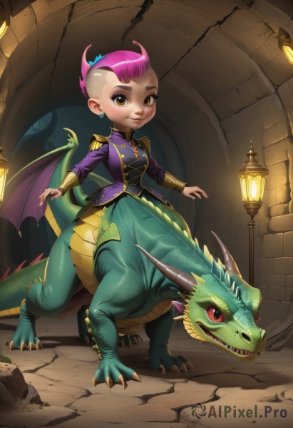 1girl,solo,breasts,looking at viewer,smile,short hair,red eyes,long sleeves,brown eyes,jewelry,closed mouth,tail,full body,yellow eyes,pink hair,earrings,wings,horns,teeth,signature,lips,claws,epaulettes,dragon girl,lantern,dragon,stud earrings,scales,riding,purple jacket,very short hair,mohawk,jacket,orange eyes