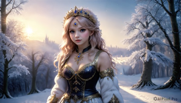 HQ,1girl,solo,long hair,breasts,looking at viewer,blush,blue eyes,blonde hair,long sleeves,dress,cleavage,bare shoulders,jewelry,medium breasts,closed mouth,collarbone,upper body,small breasts,outdoors,parted lips,detached sleeves,sky,choker,puffy sleeves,necklace,blurry,tree,lips,detached collar,blue dress,bird,wavy hair,sunlight,tiara,crown,gem,nature,snow,lens flare,forest,backlighting,sunset,circlet,snowing,mountain,realistic,sun,winter,bare tree,pine tree