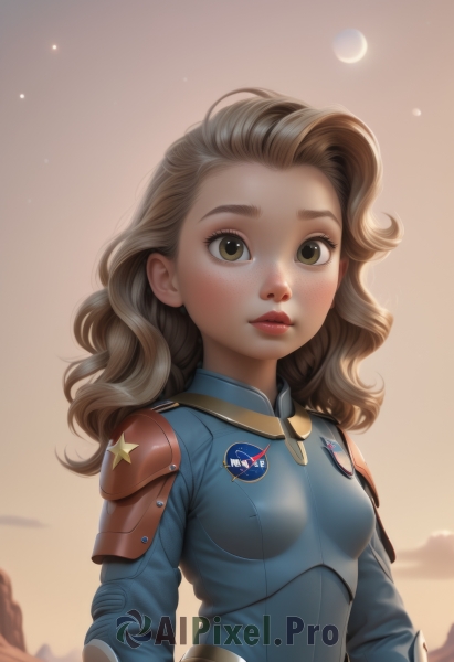 1girl,solo,long hair,breasts,looking at viewer,brown hair,brown eyes,closed mouth,upper body,small breasts,outdoors,sky,cloud,medium hair,star (symbol),armor,lips,bodysuit,wavy hair,moon,star (sky),freckles,curly hair,nose,emblem,crescent moon,superhero,blush,eyelashes,makeup,realistic