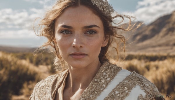 1girl,solo,long hair,looking at viewer,brown hair,hair ornament,brown eyes,jewelry,closed mouth,upper body,outdoors,sky,day,cloud,blurry,blue sky,lips,fingernails,grey eyes,floating hair,depth of field,blurry background,wind,portrait,freckles,realistic,nose,field,eyelashes,sunlight,thick eyebrows,cloudy sky