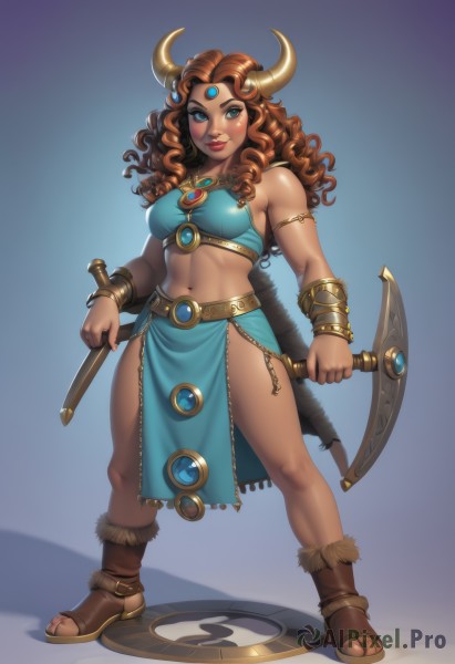 1girl,solo,long hair,breasts,looking at viewer,smile,blue eyes,brown hair,navel,holding,bare shoulders,jewelry,medium breasts,green eyes,standing,tail,full body,weapon,thighs,boots,horns,midriff,dark skin,holding weapon,bracelet,dark-skinned female,lips,crop top,makeup,muscular,toes,blue background,abs,sandals,thick eyebrows,lipstick,gem,pelvic curtain,armlet,eyeshadow,dual wielding,curly hair,toned,muscular female,horn ornament,fake horns,bracer,axe,forehead jewel,toeless footwear,blush,sword,fur trim,watermark,facial mark,freckles