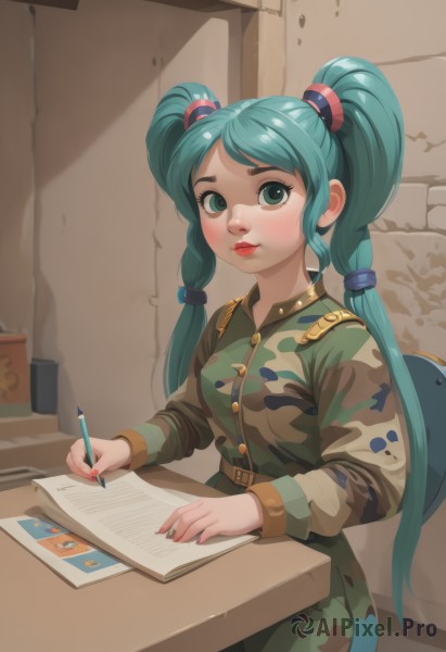 1girl,solo,long hair,breasts,looking at viewer,blush,bangs,hair ornament,long sleeves,holding,twintails,sitting,very long hair,closed mouth,green eyes,blue hair,jacket,green hair,belt,indoors,nail polish,uniform,lips,book,military,aqua hair,military uniform,makeup,chair,table,thick eyebrows,red nails,desk,paper,hair tie,pen,pencil,camouflage,notebook,drawing,nose,wall,military jacket,holding pencil,camouflage jacket