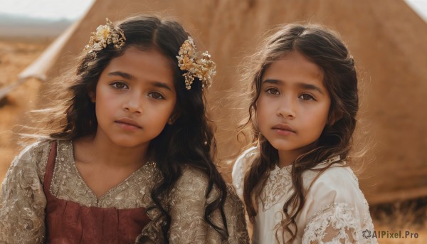 long hair,looking at viewer,multiple girls,brown hair,shirt,black hair,hair ornament,dress,2girls,brown eyes,closed mouth,white shirt,upper body,flower,outdoors,parted lips,day,hair flower,blurry,lips,depth of field,blurry background,siblings,wavy hair,red dress,sisters,child,curly hair,twins,realistic,female child,blush,bangs,hair bow,dark skin,dark-skinned female,looking up,veil,lace trim,lace