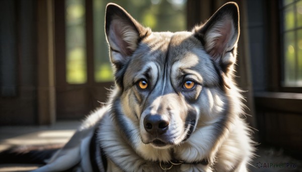 HQ,solo,looking at viewer,yellow eyes,indoors,blurry,orange eyes,no humans,window,depth of field,blurry background,animal,portrait,dog,realistic,animal focus,white fur,wolf,closed mouth,signature,reflection,shiba inu