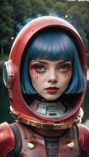 1girl,solo,looking at viewer,short hair,bangs,brown eyes,closed mouth,blue hair,upper body,blunt bangs,armor,blurry,tree,lips,makeup,blurry background,facial mark,bob cut,helmet,lipstick,portrait,eyeshadow,freckles,science fiction,realistic,nose,red lips,facepaint,straight-on,power armor,spacesuit,space helmet,outdoors,artist name,signature,hood,eyelashes,mascara