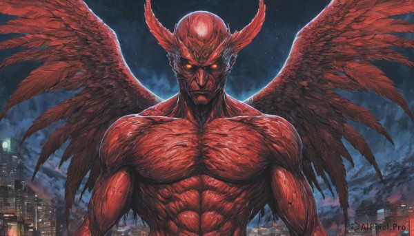 solo,looking at viewer,1boy,closed mouth,yellow eyes,upper body,male focus,outdoors,wings,horns,sky,cloud,muscular,night,glowing,colored skin,abs,muscular male,building,night sky,glowing eyes,feathered wings,veins,city,red skin,red wings,demon,multiple wings,nude,moon,feathers,head wings,cityscape