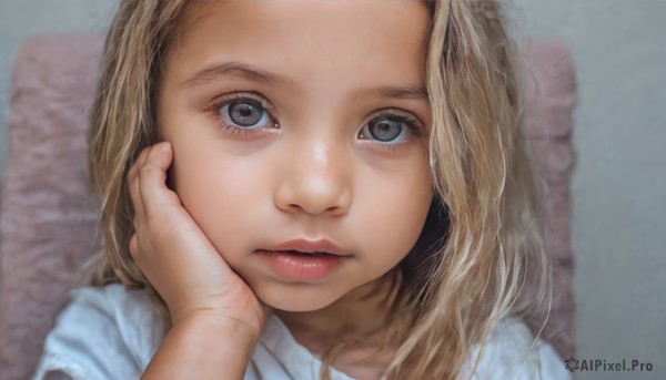 1girl,solo,long hair,looking at viewer,blue eyes,blonde hair,shirt,white shirt,parted lips,solo focus,lips,pillow,grey eyes,eyelashes,pov,child,portrait,close-up,forehead,hand on own face,realistic,nose,female child,pov hands,hand on another's face,blurry