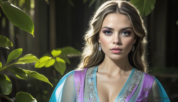 HQ,1girl,solo,long hair,breasts,looking at viewer,brown hair,cleavage,brown eyes,jewelry,medium breasts,closed mouth,green eyes,collarbone,upper body,earrings,outdoors,blurry,lips,see-through,grey eyes,eyelashes,makeup,depth of field,blurry background,leaf,wavy hair,plant,lipstick,nature,eyeshadow,forest,realistic,nose,day,sunlight,pink lips,dappled sunlight,mascara