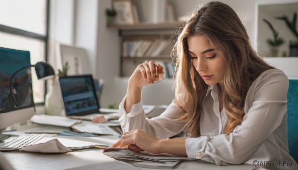 1girl,solo,long hair,blonde hair,brown hair,shirt,long sleeves,holding,sitting,closed mouth,closed eyes,white shirt,upper body,collared shirt,indoors,nail polish,blurry,cup,lips,book,window,depth of field,blurry background,chair,looking down,table,plant,desk,sleeves rolled up,paper,realistic,pen,lamp,computer,monitor,office,dress shirt,makeup,office lady