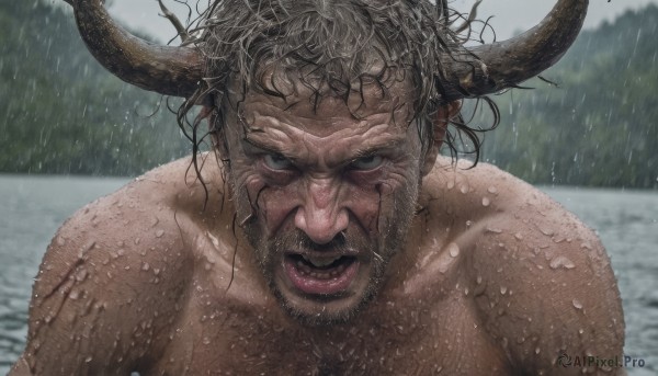 solo,looking at viewer,open mouth,black hair,1boy,upper body,male focus,outdoors,horns,teeth,water,blurry,wet,blurry background,facial hair,messy hair,portrait,beard,rain,realistic,mustache,cow horns,wet hair,chest hair,brown hair,green eyes,nude,tongue