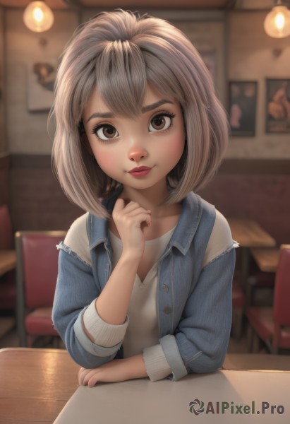 1girl,solo,looking at viewer,smile,short hair,bangs,brown hair,shirt,long sleeves,brown eyes,sitting,closed mouth,jacket,white shirt,upper body,grey hair,open clothes,artist name,indoors,hand up,signature,medium hair,blurry,open jacket,lips,makeup,buttons,depth of field,blurry background,chair,table,thick eyebrows,denim,blue jacket,freckles,realistic,nose,restaurant,cafe,denim jacket,pov across table,blush,collarbone,nail polish,vest,eyelashes,watermark,clenched hand,web address