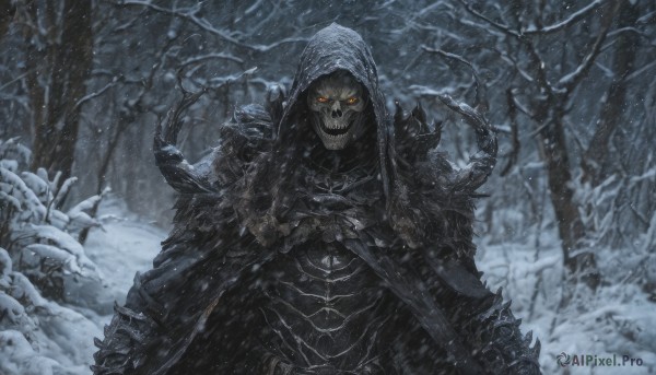 solo,looking at viewer,1boy,holding,standing,yellow eyes,weapon,male focus,outdoors,sword,hood,holding weapon,armor,tree,orange eyes,mask,glowing,shoulder armor,gauntlets,nature,glowing eyes,cloak,snow,spikes,hood up,forest,pauldrons,skull,monster,snowing,winter,skeleton,bare tree,full armor,red eyes,teeth,cape,holding sword,knife,dagger