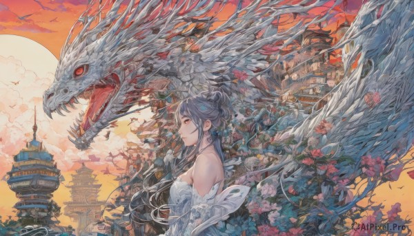 A dragon amidst a calm sunset outdoors