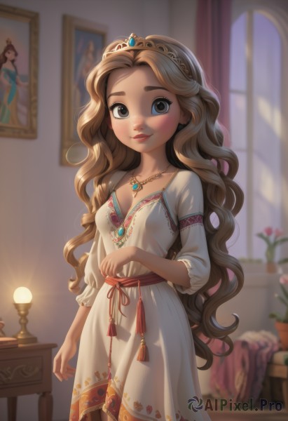 1girl,solo,long hair,breasts,looking at viewer,blush,smile,blonde hair,brown hair,long sleeves,dress,brown eyes,jewelry,very long hair,closed mouth,standing,flower,cowboy shot,small breasts,indoors,necklace,white dress,blurry,lips,grey eyes,window,depth of field,blurry background,wavy hair,table,sunlight,tiara,crown,plant,curtains,gem,tassel,pendant,freckles,curly hair,potted plant,lamp,vase,picture frame,painting (object),princess,picture (object),portrait (object),blue eyes,cleavage,collarbone,hairband,artist name,sash,thick eyebrows,tablecloth