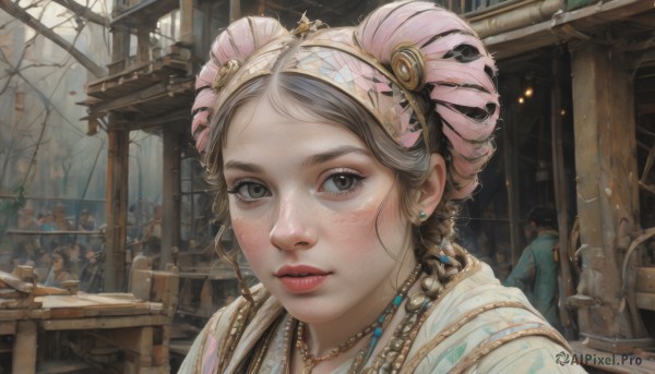 1girl,solo,long hair,looking at viewer,brown hair,hair ornament,brown eyes,jewelry,braid,grey hair,earrings,parted lips,solo focus,indoors,necklace,hair bun,black eyes,lips,grey eyes,eyelashes,portrait,freckles,realistic,nose,headdress,hairband,outdoors,multiple boys,tree,piercing,table,feathers