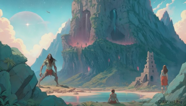 1girl,long hair,multiple girls,brown hair,black hair,1boy,dress,2girls,standing,flower,outdoors,multiple boys,sky,barefoot,day,cloud,2boys,water,from behind,blue sky,bird,moon,grass,scenery,topless male,rock,mountain,fantasy,facing away,castle,waterfall,cliff,skirt,shirt,sitting,weapon,night,red skirt,cloudy sky,star (sky),starry sky,wide shot