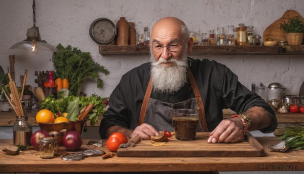 solo,shirt,long sleeves,1boy,jewelry,upper body,white hair,male focus,food,glasses,indoors,apron,bracelet,cup,fruit,facial hair,scar,table,bottle,knife,plant,beard,plate,alcohol,drinking glass,bowl,watch,realistic,spoon,mustache,fork,apple,clock,basket,lamp,carrot,bald,bread,old,egg,old man,kitchen,jar,tomato,vegetable,lettuce,wrinkled skin,cutting board,onion,salad,looking at viewer,closed mouth,grey hair,bag,black shirt,sleeves rolled up,black-framed eyewear,mug,glass,wristwatch,potted plant,wine glass,wall,orange (fruit),wine bottle,banana,lemon,light bulb,counter,ceiling light,potato,wall clock,radish