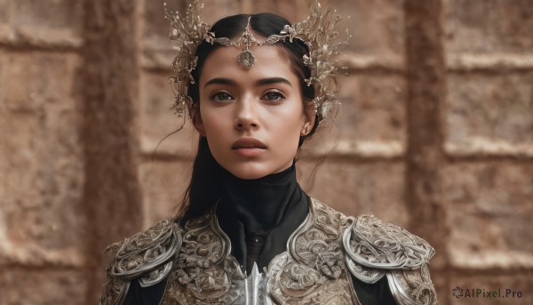 1girl,solo,long hair,looking at viewer,brown hair,black hair,hair ornament,upper body,parted lips,armor,blurry,black eyes,lips,grey eyes,blurry background,shoulder armor,gem,portrait,pauldrons,breastplate,realistic,chainmail,jewelry,closed mouth,expressionless,crown