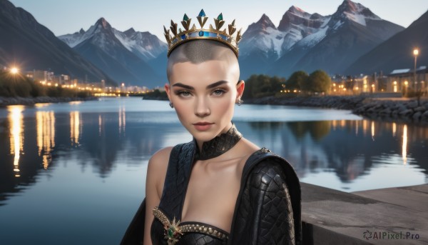 1girl,solo,breasts,looking at viewer,smile,short hair,dress,cleavage,jewelry,medium breasts,closed mouth,collarbone,upper body,grey hair,earrings,outdoors,choker,water,armor,lips,grey eyes,night,tiara,crown,scenery,reflection,mountain,realistic,fantasy,very short hair,river,lake,sky