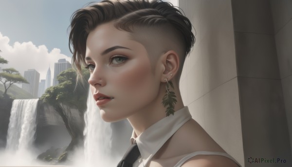 1girl,solo,looking at viewer,short hair,brown hair,black hair,bare shoulders,jewelry,green eyes,earrings,outdoors,parted lips,necktie,sky,day,cloud,water,hair bun,tree,lips,grey eyes,tattoo,single hair bun,building,portrait,black necktie,realistic,waterfall,eyelashes,leaf,piercing,ear piercing,nose,very short hair,undercut,eyebrow cut