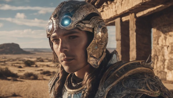 solo,looking at viewer,brown hair,black hair,1boy,brown eyes,closed mouth,upper body,male focus,outdoors,sky,day,cloud,armor,blurry,blue sky,blurry background,facial hair,helmet,shoulder armor,portrait,pauldrons,realistic,desert,chainmail,1girl,black eyes,lips,gem