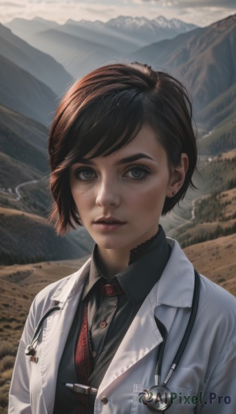 1girl,solo,looking at viewer,short hair,bangs,brown hair,shirt,black hair,jewelry,jacket,upper body,earrings,outdoors,parted lips,necktie,day,collared shirt,black eyes,lips,grey eyes,black shirt,swept bangs,piercing,red necktie,freckles,mountain,realistic,nose,labcoat,stud earrings,stethoscope,coat,eyelashes,makeup,thick eyebrows,lace,white coat,badge