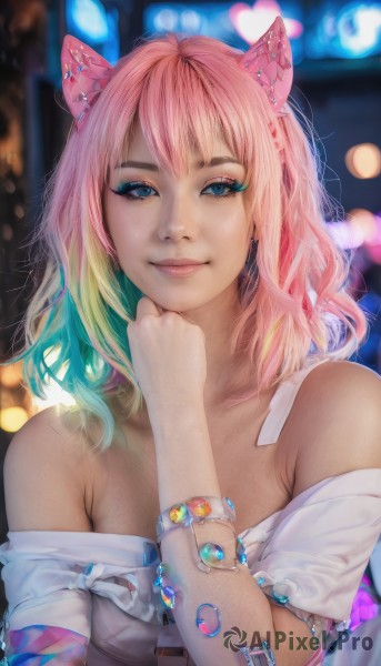 1girl,solo,long hair,breasts,looking at viewer,smile,bangs,blue eyes,blonde hair,shirt,hair ornament,animal ears,bare shoulders,jewelry,closed mouth,collarbone,white shirt,upper body,pink hair,heart,multicolored hair,green hair,artist name,hand up,medium hair,off shoulder,blurry,bracelet,two-tone hair,lips,eyelashes,aqua hair,gradient hair,makeup,depth of field,blurry background,watermark,web address,eyeshadow,realistic,nose,eyeliner,mascara,cleavage,medium breasts,short sleeves,earrings,cat ears,fake animal ears,ring,off-shoulder shirt,hand on own chin