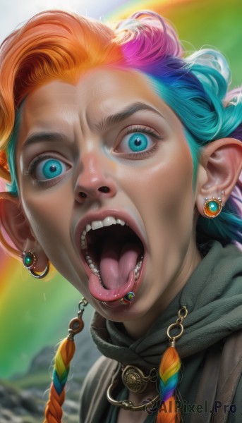 1girl,solo,long hair,looking at viewer,open mouth,blue eyes,jewelry,blue hair,pink hair,braid,multicolored hair,earrings,teeth,tongue,tongue out,necklace,orange hair,blurry,twin braids,two-tone hair,aqua eyes,lips,eyelashes,blurry background,piercing,ear piercing,portrait,close-up,realistic,nose,rainbow,tongue piercing,uvula,outdoors,green hair,pointy ears,artist name,saliva,gradient hair,depth of field,wide-eyed,rainbow hair