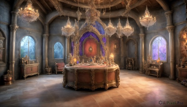 HQ,sky,indoors,book,no humans,window,night,chair,table,scenery,wooden floor,stairs,fantasy,door,lamp,candle,pillar,carpet,candlestand,rug,chandelier,day,sunlight,fire,plant,tiles,tile floor,vase,throne,arch,reflective floor,treasure chest,tablecloth