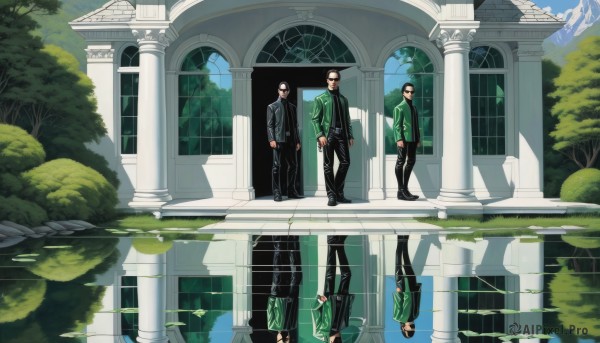 short hair,black hair,long sleeves,standing,jacket,male focus,multiple boys,necktie,sky,day,pants,2boys,water,tree,facial hair,black pants,formal,3boys,suit,scenery,beard,reflection,pillar,reflective floor,different reflection,1girl,outdoors,lake,lily pad,pond,reflective water