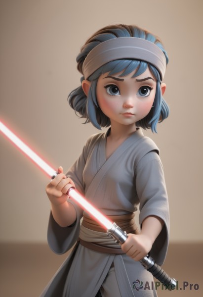 1girl,solo,looking at viewer,short hair,blue eyes,holding,jewelry,closed mouth,blue hair,standing,weapon,cowboy shot,japanese clothes,sword,holding weapon,black eyes,lips,grey eyes,sash,headband,holding sword,child,freckles,brown background,robe,energy sword,lightsaber,blush,science fiction,realistic,animification