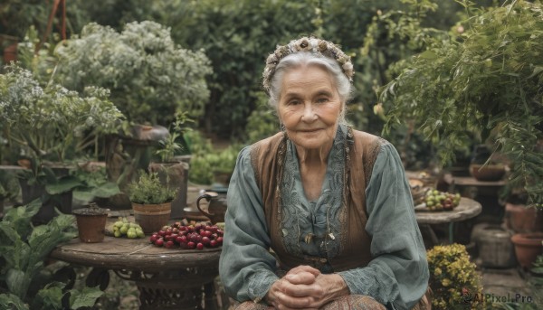 1girl,solo,looking at viewer,smile,short hair,shirt,long sleeves,1boy,jewelry,sitting,closed mouth,upper body,flower,white hair,grey hair,male focus,outdoors,food,day,necklace,blurry,vest,tree,fruit,depth of field,blurry background,facial hair,table,own hands together,blue shirt,plant,realistic,basket,potted plant,head wreath,old,old man,grapes,old woman,wrinkled skin,leaf,interlocked fingers,hands on own knees,garden