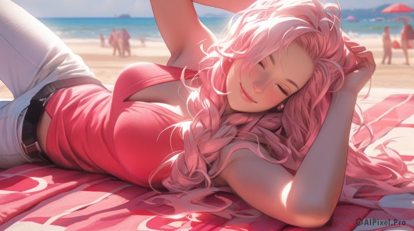 1girl,solo,long hair,breasts,blush,smile,bangs,large breasts,shirt,cleavage,bare shoulders,jewelry,closed mouth,closed eyes,pink hair,braid,heart,earrings,outdoors,lying,sky,sleeveless,solo focus,day,belt,pants,artist name,on back,armpits,blurry,arms up,lips,bare arms,eyelashes,sleeveless shirt,single braid,makeup,depth of field,blurry background,^ ^,ocean,umbrella,wavy hair,on side,beach,sunlight,denim,towel,red shirt,hair over shoulder,facing viewer,side braid,buckle,pink shirt,black belt,jeans,belt buckle,pink lips,white pants,sand,red lips,shade,hand on own head,heart earrings,beach umbrella,beach towel,multiple girls,medium breasts,cloud,blue sky