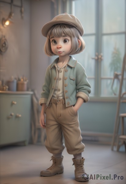 1girl,solo,looking at viewer,smile,short hair,bangs,brown hair,shirt,hat,brown eyes,closed mouth,standing,jacket,full body,grey hair,boots,open clothes,socks,pants,indoors,blurry,black eyes,lips,window,buttons,depth of field,blurry background,chair,brown footwear,table,child,sleeves rolled up,pocket,hand in pocket,brown headwear,unbuttoned,female child,brown pants,denim jacket,long sleeves,white shirt,shoes,collared shirt,belt,flat chest,open jacket,watermark,bob cut,web address,cross-laced footwear,wooden floor,nose,ankle boots,potted plant,sleeves pushed up