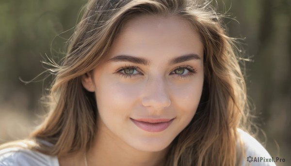 1girl,solo,long hair,looking at viewer,smile,brown hair,shirt,brown eyes,closed mouth,green eyes,white shirt,tongue,tongue out,necklace,blurry,lips,eyelashes,depth of field,blurry background,messy hair,portrait,close-up,forehead,freckles,realistic,nose,blonde hair,sunlight