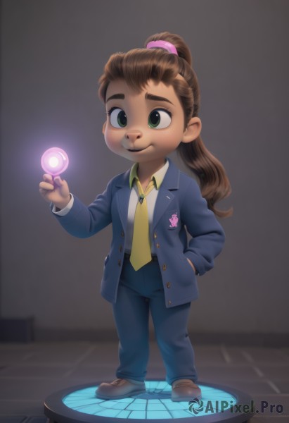 1girl,solo,long hair,smile,brown hair,shirt,green eyes,jacket,full body,ponytail,necktie,shoes,pants,artist name,dark-skinned female,formal,thick eyebrows,suit,blue jacket,hand in pocket,blue pants,yellow necktie,hair ornament,long sleeves,standing,white shirt,collared shirt,lips,glowing,brown footwear,scrunchie,blazer,hair scrunchie,freckles,yellow shirt,badge,faux figurine