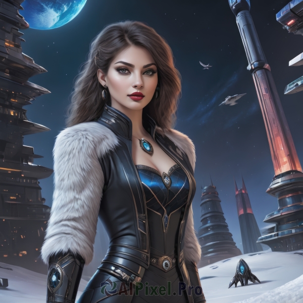 1girl,solo,long hair,breasts,looking at viewer,brown hair,dress,cleavage,brown eyes,jewelry,medium breasts,earrings,outdoors,open clothes,sky,artist name,signature,necklace,black dress,lips,coat,fur trim,makeup,night,bird,watermark,moon,lipstick,brooch,building,gem,star (sky),night sky,snow,full moon,pendant,eyeshadow,starry sky,science fiction,realistic,aircraft,nose,fantasy,red lips,eyeliner,architecture,planet,spacecraft,airship,gloves,armor,grey eyes,wavy hair,space,castle,earth (planet)